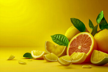 Citrus fruits are displayed elegantly with slices and green leaves on a bright yellow backdrop, creating a lively atmosphere