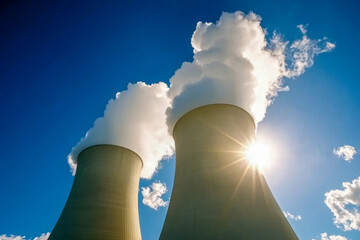 Cooling towers send out steam against a clear blue sky, highlighting the energy generation process on a sunny day