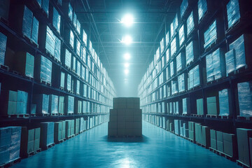 A spacious warehouse filled with tall shelves stacked with boxes, illuminated by bright overhead lights, creating a dramatic atmosphere