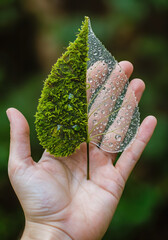 Hand Holding Leaf With Moss And Water Droplets. Sustainability And Nature.