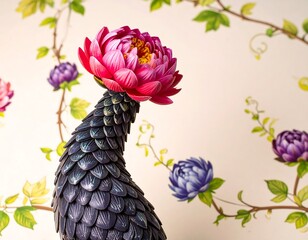 Fantastical bird sculpture with a vibrant flower head