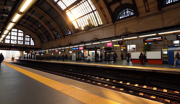 Urban train station platform with passengers waiting at sunset light