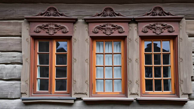 Traditional windows with carved wood platbands. Historic house, Yelabuga, Russia