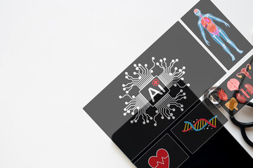 A medical professional uses a digital platform with an AI for diagnostics. A futuristic UI shows analysis of a patient's body, organs, DNA, and heart vitals. HealthTech concept.