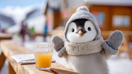 Cute penguin wearing warm clothing and sitting by a glass of juice in a snowy environment