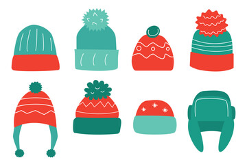 Set of winter themed stickers of Colorful winter Hats, vector illustration