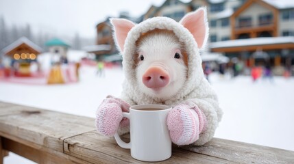 Cute piglet in winter coat enjoying warm drink at snowy resort during winter festival with people in background