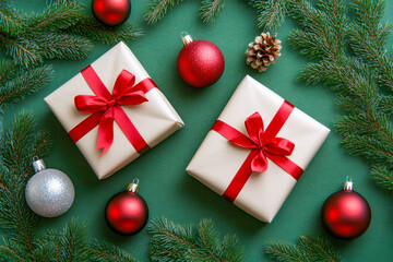 Two beautifully wrapped gifts with red ribbons are surrounded by red and silver ornaments and pine branches, creating a festive scene