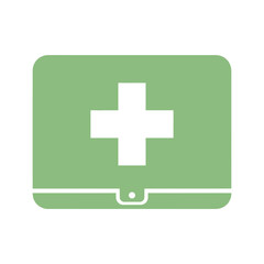 Obraz premium Green Medical Laptop Icon with White Cross Symbol for Healthcare Technology.