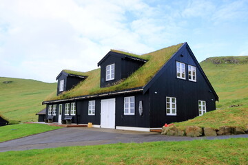 Obraz premium Beautiful village of Mykines with colorful houses with grass on the roofs, Mykines Island, Faroe Islands, Europe
