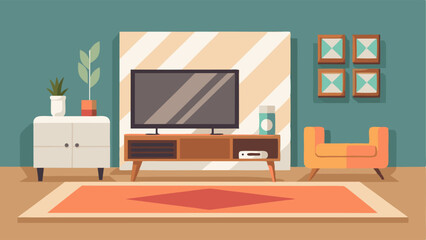 A modern and inviting living room with a light wood entertainment center white leather sofa and a geometric patterned rug.