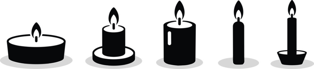 Candle vector set, five lit styles, tealight, taper, pillar, decorative holders, flame icons, cozy ambiance, minimal design, home decor art