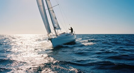 Fototapeta premium Sailboat speeds through ocean, sun glints off water; person stands on deck