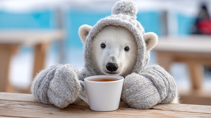 Polar bear cub in cozy sweater enjoying tea on a cold day in a snowy setting