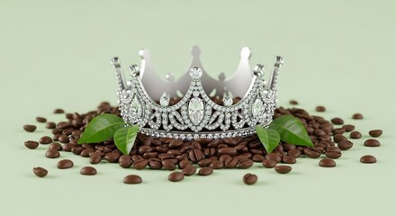 Elegant crown rests atop a mound of rich coffee beans with fresh green leaves on a light green surface