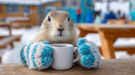 Rabbit enjoying warm drink at outdoor cafe during winter season in snowy landscape with colorful buildings