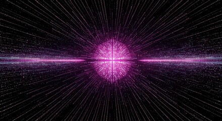 A vibrant purple energy sphere radiates outwards with countless light particles against a dark background.