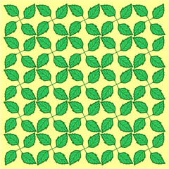 An endless grid of vibrant green leaves arranged symmetrically on a warm yellow canvas, symbolizing growth, repetition, balance, and natural beauty.