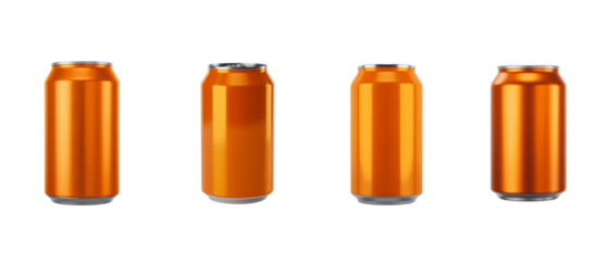 Set of orange soda cans isolated on white background for beverage packaging design and advertising  
