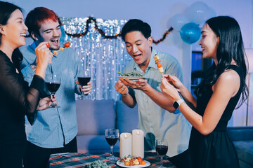Diversity, dinner and group of people toast celebration together at party. Friends, happy and celebrate with food, wine and friendship for love, support and cheers champagne at business function