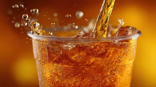 Golden tropical juice pouring into translucent cup with splash and droplets mid-air, warm light accentuation and glossy texture