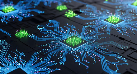 Stunning circuit board design showcasing advanced technology with glowing blue connections and vibrant green processors for innovation themes