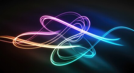 Abstract swirling light trails in vibrant neon colors against a dark background.