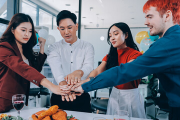 Diversity, dinner and group of people toast celebration together at party. Friends, happy and celebrate with food, wine and friendship for love, support and cheers champagne at business function