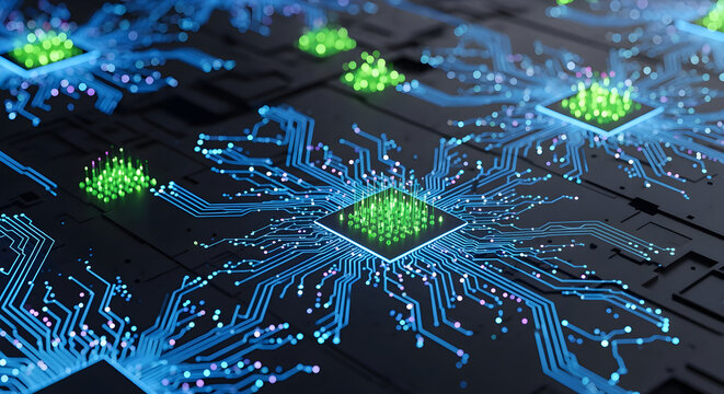 Stunning circuit board design showcasing advanced technology with glowing blue connections and vibrant green processors for innovation themes