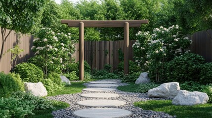 Fototapeta premium Wooden Gate Entrance to Peaceful Garden 