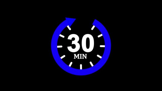 bule clock icon,indicating a time duration of 30 minutes, perfect for illustrating deadlines, time management, quick turnaround times in project planning and scheduling.