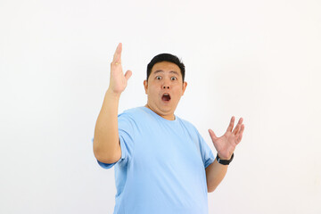 Surprised Asian Man with Open Arms and Mouth