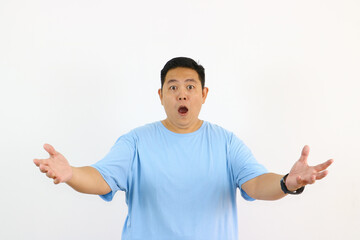 Surprised Man with Open Mouth and Raised Arms show shocked expression