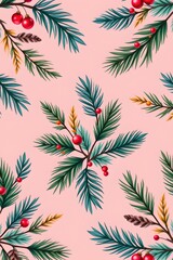 Seamless Pine Branch and Ornament Pattern with Soft Lighting