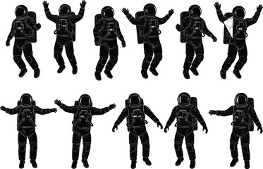 Astronaut silhouette vector set, space suit poses, helmet and backpack, cosmic exploration, astronaut movement, black figure collection, isolated spacewalk illustrations