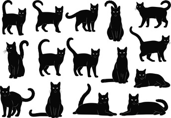 Black cat silhouette vector set, feline posture collection, standing, sitting, walking, tail positions, animal icon bundle, isolated pet design, grid layout