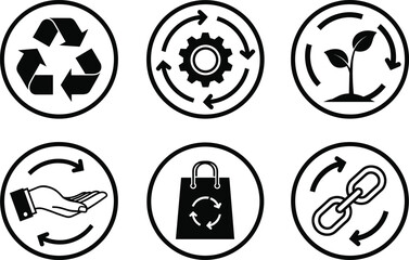 Sustainability icons set, circular economy symbols, eco-friendly growth, recycling, green manufacturing, reusable shopping, supply chain, environmental conservation, vector illustration design