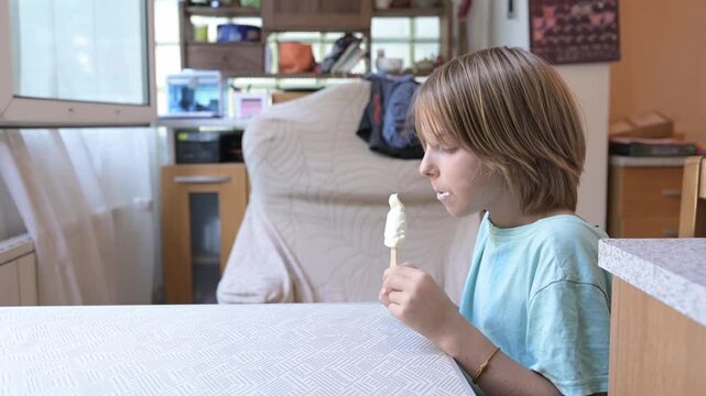 Young boy sitting at a kitchen table holding a vanilla ice cream bar, enjoying a frozen treat at home with potted plants in the background