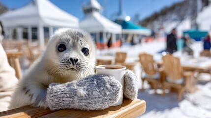 Baby seal wearing mittens enjoys a warm drink at a snow-covered ski resort on a sunny day