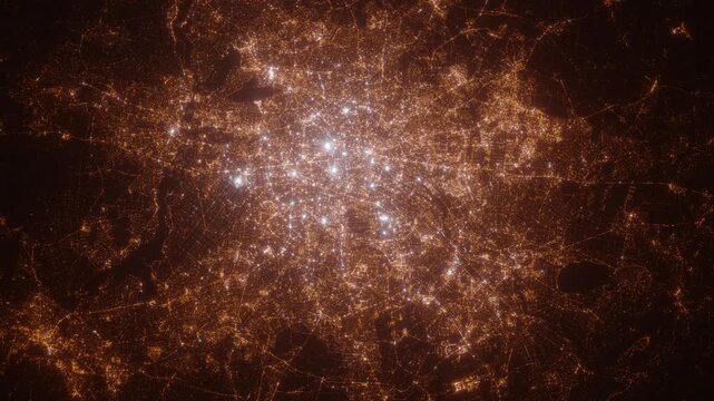 Berlin (Germany) aerial view at night. Satellite view on modern city with street lights. Camera is flying above the city, moving forward