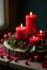 Dark red Christmas decor, berries, candles, rustic wood Shallow focus , still life, festive