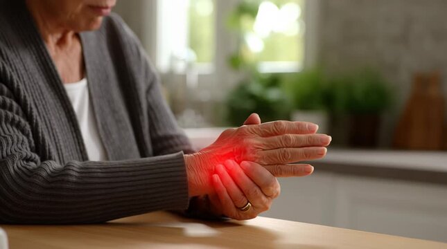 Senior woman holding painful wrist with red highlight at home, arthritis and joint inflammation concept