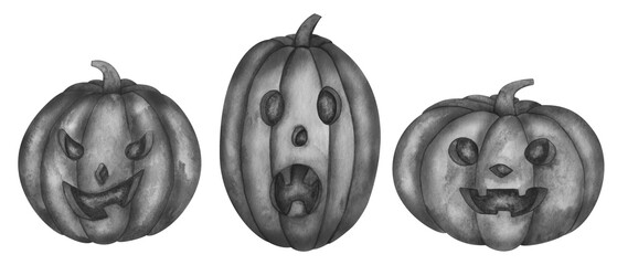 Watercolor illustration. Set of pumpkins. Hand painted black carved jake-o-lantern pumpkins with scary faces for Halloween. Isolated food clip art elements for holiday postcards, posters