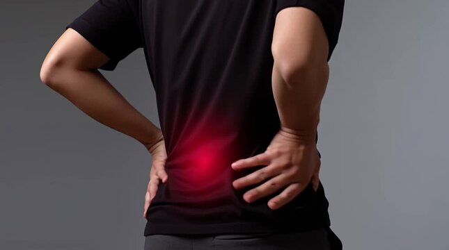 Close up of man holding lower back with red highlight indicating lumbar pain, gray background