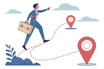 Businessman walking on a path with location pins, pointing forward