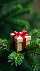 Green pine branch, small gift box nestled amongst needles , card, bow, closeup