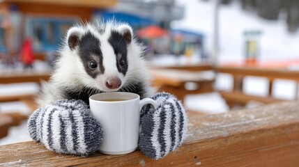 A cute small animal enjoys a warm drink wearing striped mittens in a snowy setting during a winter day