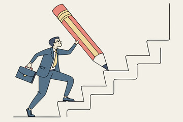 Businessman climbing stairs with a giant pencil, symbolizing writing success
