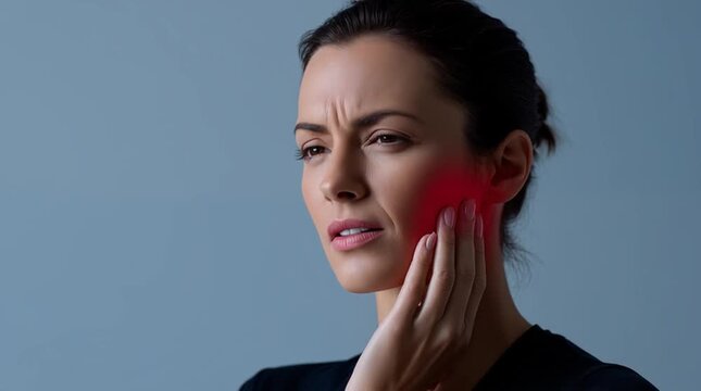 Close up of woman with jaw pain touching cheek, red highlight indicating toothache or TMJ disorder on blue background
