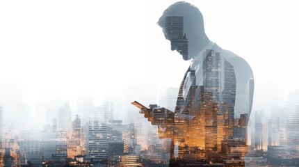 Double exposure silhouette of businessman with smartphone over illuminated city skyline at dusk - Powered by Adobe